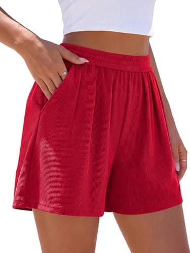 PRETTYGARDEN Women's Shorts Casual Solid Color Elastic Waist Pleated Knit Ruffle Wide Leg Lounge Shorts Summer Bottoms (Red, XX-Large) - Image 1