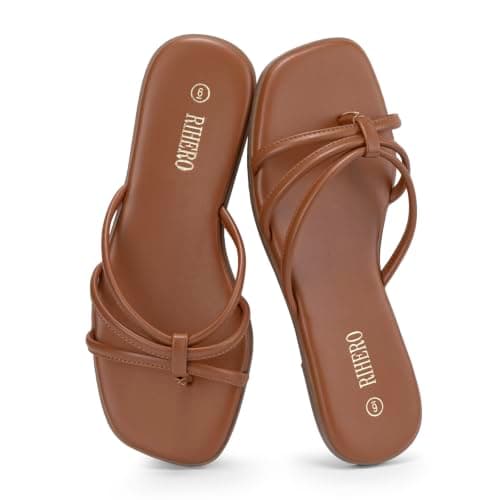 Rihero Flip Flops for Women Dressy Square Toe Brown Flat Sandals Slip On Summer Beach Casual Thong Slide Sandals Size 11 - Image 1