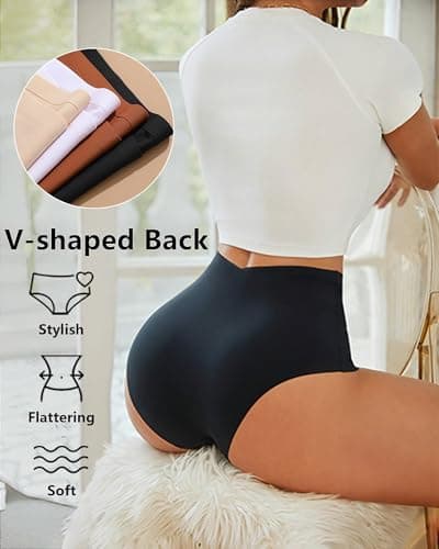 UNDER THE SEA Seamless Underwear for Women High Waisted V-shaped Back Briefs Soft No Show Womens Panties 4 Pack L - Thumbnail 3