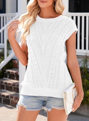 Dokotoo Women’s Sweater Vest Knit White Summer Tops Sleeveless Tank Top Crew Neck Casual Dress Pullover Sweaters Cropped Shirts Loose Fit Spring Clothing Outfits Trendy 2025 Size Small - Thumbnail 5