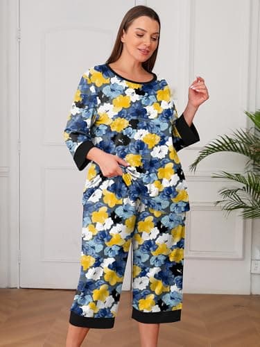AusLook Women’s Plus Size Pajama Sets Floral 3/4 Sleeve Nightwear Top and Capri Pants 2 Piece Lounge Set with Pockets - Thumbnail 5