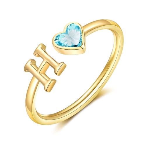 Easter Basket Stuffers-Initial Rings for Women Teen 14K Gold Plated Birthstone Rings Stackable Dainty Letter Rings Christmas Birthday Birthstone Jewelry Gifts for Mother Daughter,Adjustable Size - Image 1