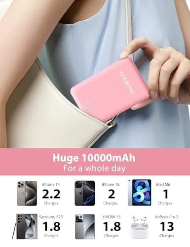 miisso 10000mAh Compatible with iPhone 15/16/17 and Android, Slim Portable Charger with Built in Cable, Power Bank Travel Charger External Battery Pack for Phone, 3 Output USB Type C Cord, Pink - Thumbnail 3