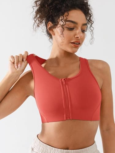 BRXL High Support Front Zip Sports Bra for Women with Phone Pocket Padded Racerback Workout Gym Running Yoga Bra Red - Thumbnail 4