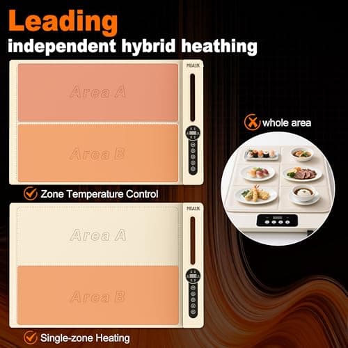 MUALIK Warming Mats for Food Countertop, Roll-UP 2 Pack Fast Heating Tray Silicone with 7 Level Temperature, 2 Zone and 3 Pad Parallel Expandable, Automatic On-Off Timer Setting (Beige-2 pcs, wcb2) - Thumbnail 4