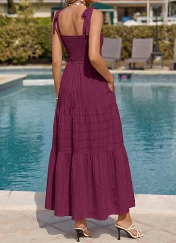 BTFBM Women's 2026 Spring Boho Spaghetti Strap Dress Casual Sleeveless Smocked A Line Beach Sundress Long Maxi Dresses(Burgundy, Small) - Thumbnail 3
