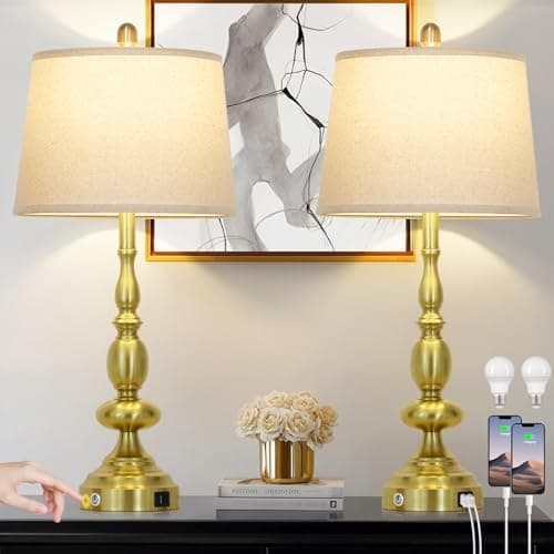 29" Tall Table Lamps for Living Room Set of 2 with USB C+A Charging Ports, Gold Farmhouse 3-Way Dimmable Bedside Lamps, Modern Industrial Nightstand Lamps for Bedroom End Table(2 LED Bulbs Included) - Image 1