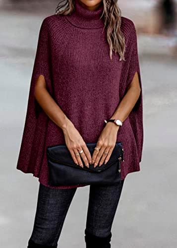 KIRUNDO Women's 2026 Fall Winter Turtleneck Poncho Sweater Fashion Chunky Knit Cape Wrap Sweaters Pullover Jumper Tops(Dark Purple Red, Medium) - Thumbnail 4