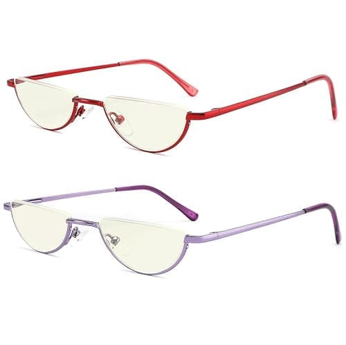 Yiwaeye 2 Pack Half Moon Reading Glasses Anti Blue Light UV, Half Frame Semi Lens Slim Spring Hinge Readers with Case for Men Women Red/Purple +1.5 - Image 1
