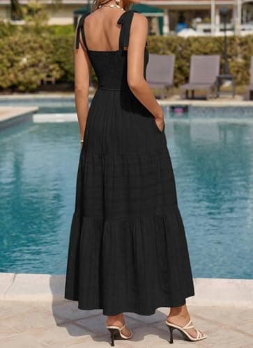BTFBM Women's 2026 Spring Boho Spaghetti Strap Dress Casual Sleeveless Smocked A Line Beach Sundress Long Maxi Dresses(Black, X-Large) - Thumbnail 3