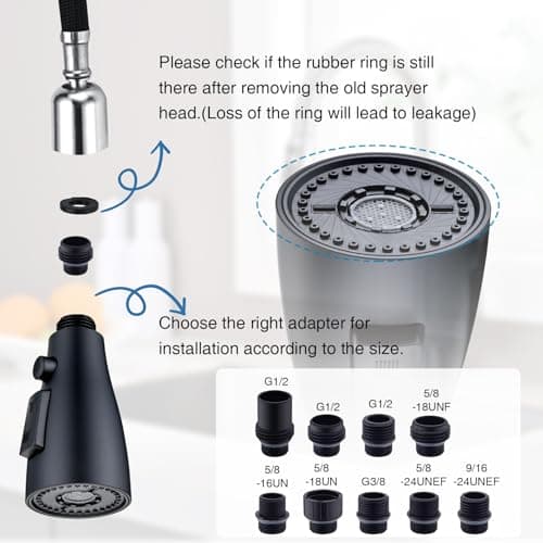 Stainless Steel Kitchen Faucet Head Replacement, Matte Black 3-Function Pull Down Spray Head for Pull-out Kitchen Faucet, High Pressure Sink Spray Nozzle with 9 Adapters Compatible with Most Faucets - Thumbnail 6