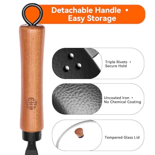 WANGYUANJI 11" Iron Skillet with Glass Lid & Griddle Spatula, Flat-Bottom Frying Pan, Uncoated & Unseasoned, Induction/Gas/Electric Compatible, Wooden Handle (Seasoning Required) - Thumbnail 5