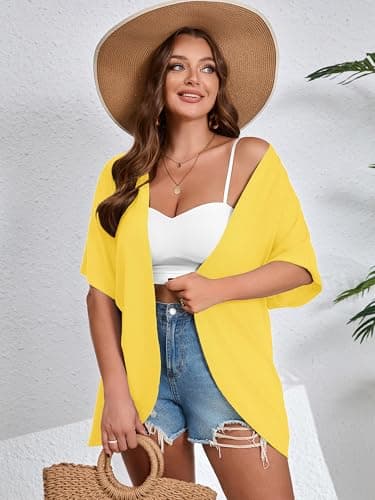 AusLook Women's Plus Size Short Sleeve Lightweight Open Front Cardigan Bright Yellow 2X Cover Ups Shrugs Shawls and Wraps Kimono Jacket Coat - Thumbnail 3
