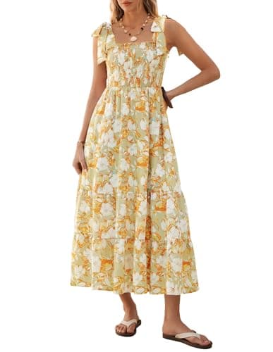 Kate Kasin Summer Womens Floral Boho Maxi Dress, Spaghetti Tie Strap Long Sun Dresses, 2026 Vacation Beach Smocked Sundresses Yellow - Image 1