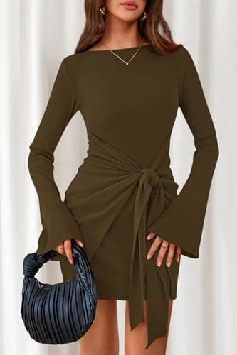dowerme Women's Casual Mini Dress 2026 Bell Long Sleeve Boat Neck Tie Waist Bodycon Dresses Knitted Party Fall Outfits(Army Green,Large) - Thumbnail 2