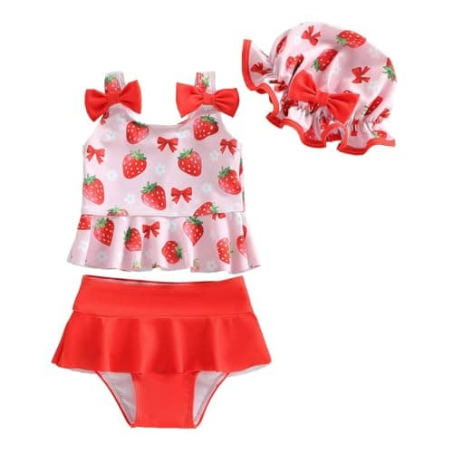 DivingBirds Baby Girls Toddler Two-Piece Swimsuit with Hat, Ruffle Bowknot Bathing Suit Swimwear Set Red for 2-3 Years - Image 1