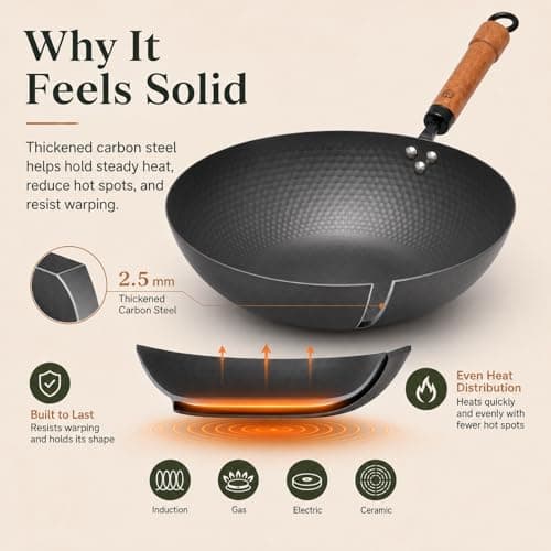 WANGYUANJI Carbon Steel Wok Pan with Lid, 12.6 Inch Flat Bottom Wok for Induction, Gas & Electric Stoves, Chinese Stir Fry Pan with Detachable Wooden Handle - Thumbnail 4