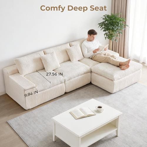 HipyMo 105" L-Shaped Boneless Cloud Couch, Modular Sectional Sofa with Ottoman and Extra-Wide Armrests, Deep Seat Sectional Couches for Living Room, High-Density Foam, No Assembly Required, Beige - Thumbnail 6