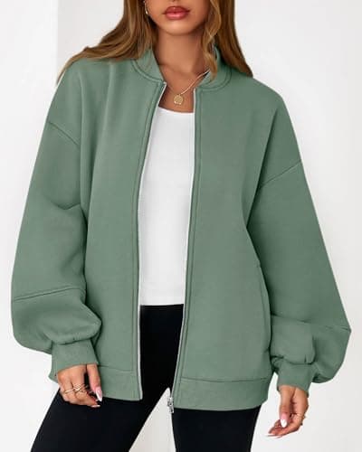 KIRUNDO Oversized Sweatshirt for Women Zip Up Bomber Jacket 2026 Fall Fashion Casual Long Sleeve Outerwear Winter Outfits(Light Green, Small) - Thumbnail 6