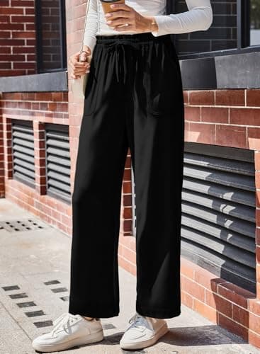 Dokotoo Black Pants for Women Womens Spring Fashion 2026 Casual High Waist Wide Leg Trousers Loose Elastic Drawstring Cargo Pants with Pockets Contrast Stitching Jogging Jogger Medium - Thumbnail 4