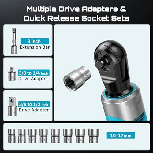 Seesii 3/8" Cordless Electric Ratchet Wrench, 60 ft-lbs (80Nm) High Torque, 21V Max, 2×2.0Ah Batteries, 0–300 RPM Variable Speed, Fast Charger, 10–17mm Socket Set, Extension Bar & Carry Case - Thumbnail 6