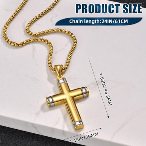 Stainless Steel Cross Necklace for Men, Silver Black gold plated Cross Pendant Jesus Necklace Chain, Non Tarnish Sturdy Mens Christian Jewelry Gifts for Him Baptism Confirmation Birthday, 24 Inch - Thumbnail 4