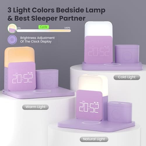 Wireless Charging Station, 7 in 1 Wireless Charger Stand with Dual Alarm Clock, Charging Dock for iPhone17/16/15/14/13/12/11/Pro/Max/Samsung Phone, Apple Watch 10/9/8/7/6/5/SE, AirPods 4/3/2 (Purple) - Thumbnail 4