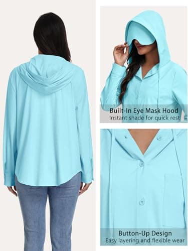 Kimmery UPF 50+ Travel Hoodie with Eye Mask for Women Outdoor Button Up Sun Shirt with Pockets for Airplane Lake Blue M - Thumbnail 6