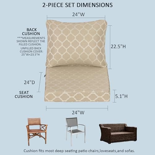 Localive 24x24 Inch Outdoor Deep Seat Cushions Set of 2,Thick High-Density Foam, Removable Cover with YKK Hidden Zipper,Water-Resistant UV-Resistant Polyester for Patio Furniture,Toffee Trellis - Thumbnail 3