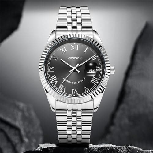 SINOBI Men's Luminous Hand Calendar Date Quartz Watch Classic Stainless Steel Watches for Men (Silver-Grey) - Thumbnail 3