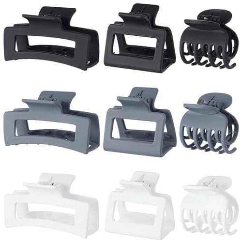 CHANDAT 3 Style Claw Hair Clips Set for Women - 9 pcs Medium Rectangle Clips for Thick Hair, Square Clips for Thin Hair - Grey