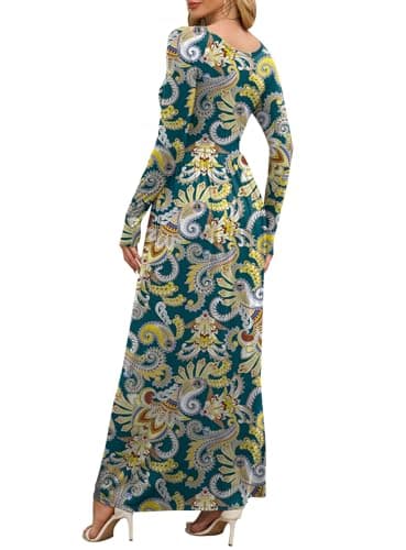 DEARCASE Maxi Dress for Women Feather Cyan XX-Large Round Neck Boho Long Sleeves Wedding Guest A-line Casual Hawaiian Empire Waist Flowy Party Vintage Spring Fall Winter Floor Dresses with Pocket - Thumbnail 2
