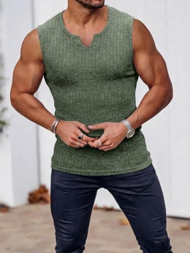 JEMLDL Men's Plus Size Sleeveless Tank Tops Knit Ribbed V Neck Casual Summer Outdoor Shirts Lightweight Breathable Muscle Army Green 3XL - Thumbnail 2