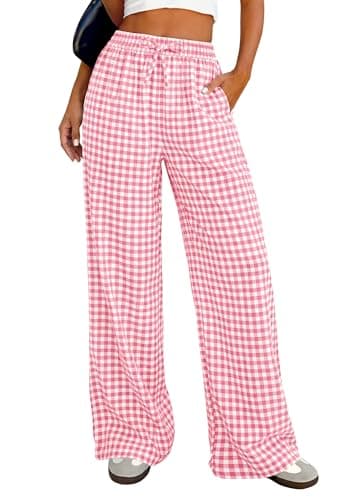 PRETTYGARDEN Gingham Pajama Pants Women Lightweight Summer Cotton PJ Bottoms Spring Wide Leg Palazzo Plaid Lounge Trousers (Pink Plaid,X-Large) - Image 1