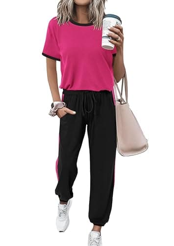 MASCOMODA Womens 2 Piece Outfits 2026 Summer Tracksuit Sets Short Sleeve Tops Travel Long Pants Jogger Lounge Set(Rose Red Black,XX-Large) - Image 1