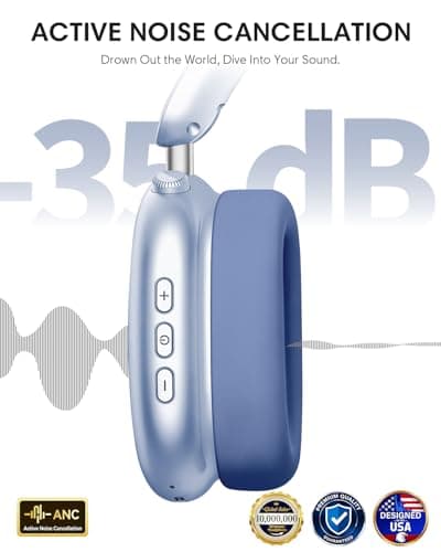 Wentronic Y02 Active Noise Cancelling Headphones,60H Battery,5 EQ Music Modes,Hi-Res Audio,Deep Bass,Foldable Wireless Over Ear Bluetooth 5.4 Headset,Breathable Leather Earpads (Blue) - Thumbnail 4