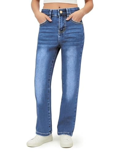 PATPAT Girls Bootcut Jeans Size 5, Blue, Elastic Waist Jeans with Pockets Straight Leg Pants 5T - Image 1