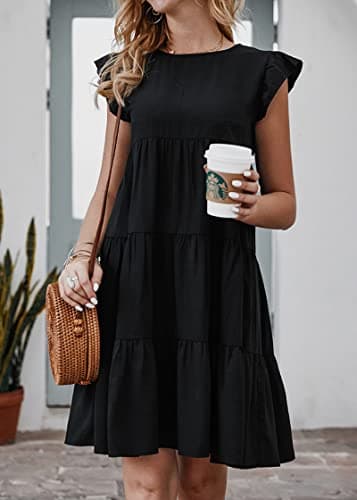 KIRUNDO Womens Dresses Summer Casual Sleeveless Ruffle Sleeve Round Neck Black Loose Short Flowy Pleated Mini Babydoll Dress(Black, Medium) - Thumbnail 6