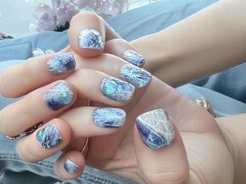 Fine Point Midnight Nebula Press On Nails for Women, 10pcs Short squoval False Nails, Handmade Galaxy Marble with White Line Art, Reusable Glue On Nails (Size Medium) - Thumbnail 3