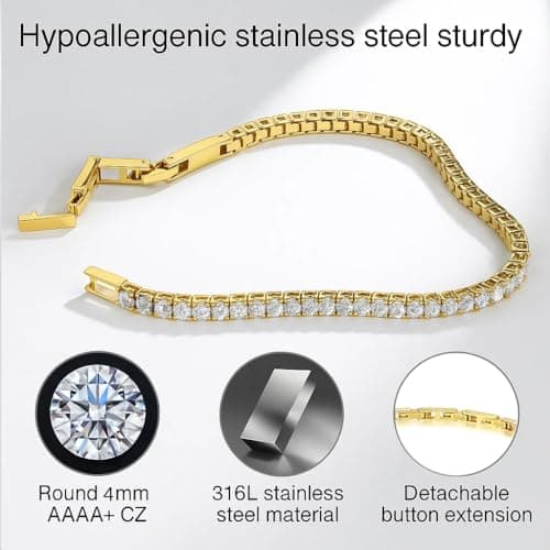 Tennis Bracelet for Women Men, 14K Gold Plated Round 4mm AAAA+ Cubic Zirconia CZ Dainty Classic Adjustable Stainless Steel Bracelets Festival Wedding Jewelry Gift (Gold, CZ 4mm) - Thumbnail 4