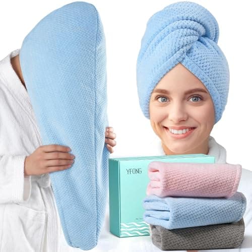 YFONG 3 Pack Large Microfiber Hair Towel Wrap, 30" x 10" Thicker Anti Frizz Quick Dry Hair Towels for Women Long, Curly, Thick Hair, Super Absorbent Hair Turban for Wet Hair (Grey, Pink, Blue) - Image 1