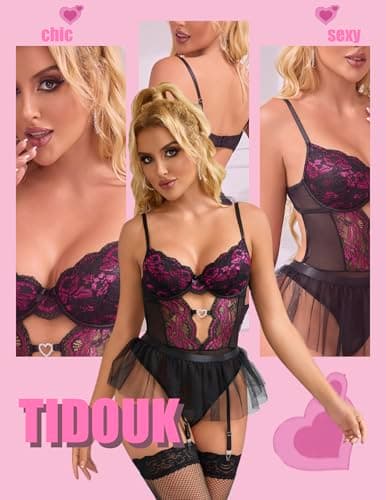 Tidouk Lingerie Sets Lace Lingerie for Women Sexy Push Up Teddy Lingerie with Gartet Belt（Black+Pink,XX-Large - Thumbnail 5