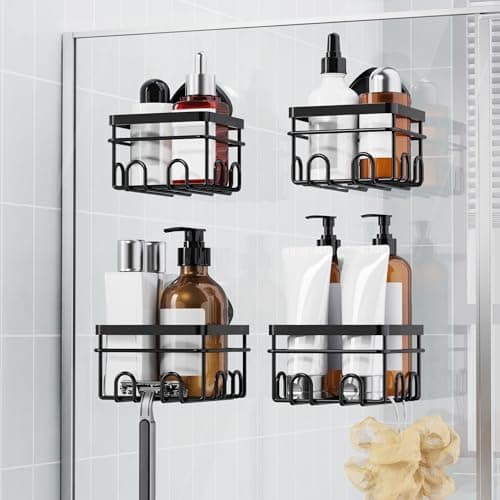KEGII Suction Cup Shower Caddy 4 Pack, Universal Fit for All Showerheads, No Drill Bathroom Organizer with 36 Hooks & Razor Holder, Removable and Waterproof, Black - Image 1