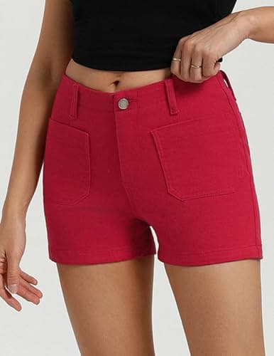 Belle Poque Women Jean Shorts Red High Waisted Micro Cargo Denim Shorts (Red, S) - Thumbnail 2