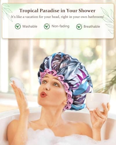mikimini Large Shower Cap for Women Reusable Waterproof, Hair Cap for Shower with Double Layers, Tropic Style Hair Cover with Elastic Band for Shower suit for Long Hair, Braids - Thumbnail 6
