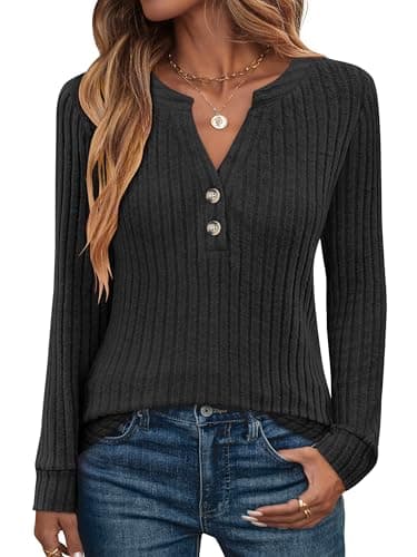 ANRABESS Womens Henley Shirts Long Sleeve Tunic Tops 2025 Fall Fashion Outfits Ribbed Knit Sweaters Ladies Casual Clothes Black - Image 1