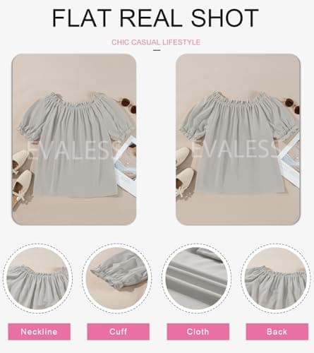 EVALESS Short Sleeve Shirts for Women Dressy Tops Smocked Off The Shoulder Chiffon Blouses Spring Summer Clothes Fashion 2026 Business Casual Outfits Work Gray Shirts Ladies Tops and Blouses, X-Large - Thumbnail 6