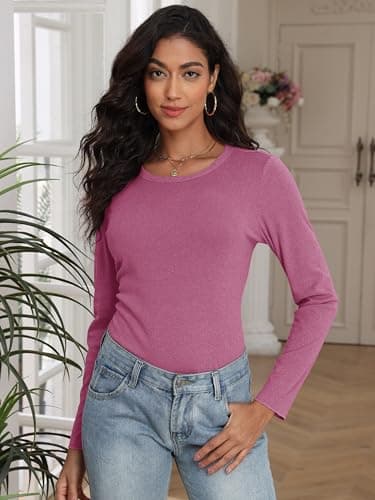 COCOMARTS Womens Long Sleeve Crewneck Knit Basic Tops Loose Casual Shirt 2025 Fall Winter Outdoor Thermal Undershirts Red Medium - Thumbnail 5
