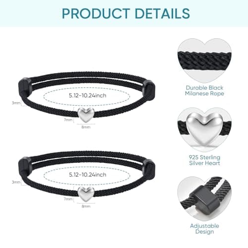 Matching Couple Bracelet Jewelry Gifts - 925 Sterling Silver 2Pcs Heart Love Adjustable Rope Romantic Present with Card for Girlfriend Boyfriend Wife Husband Christmas Valentine Anniversary Birthday - Thumbnail 5