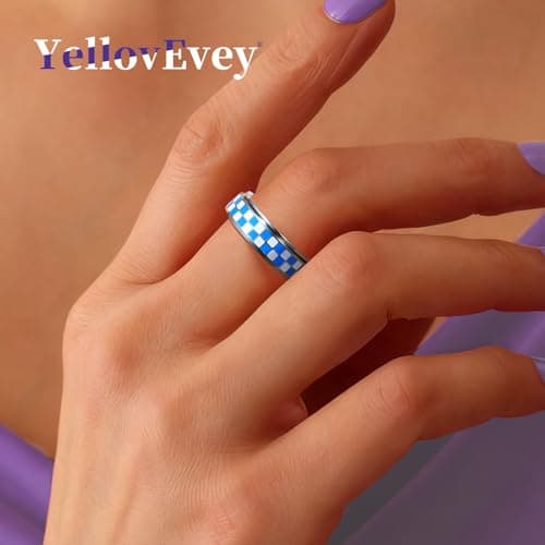 YellovEvey Fidget Spinner Checkered Anxiety Ring - Stainless Steel Silver Rings for Women, Adult Fidget Toys & Stocking Stuffers, Chessboard Anti-Anxiety Jewelry for Women Silver Size 8 Ring - Thumbnail 4